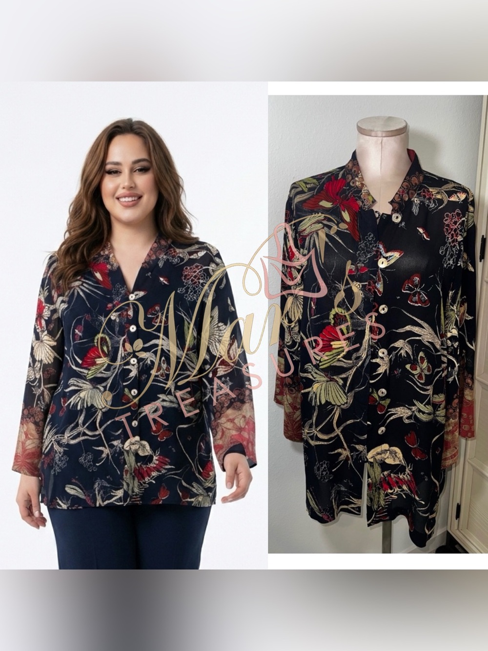Citron 100% Silk Black Floral Button Down Blouse Sz 1X - Picture 15 of 15
